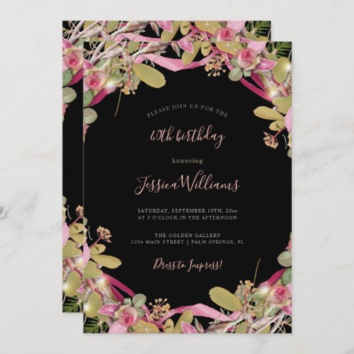 Chic Roses  Foliage Floral 40th Birthday Invitation