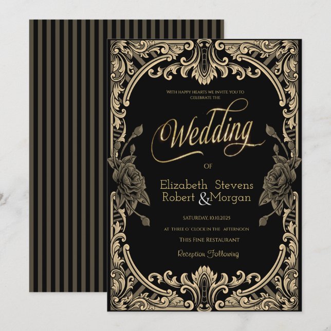 Chic Roses Frame ,Stripes Gothic Wedding Invitation (Front/Back)