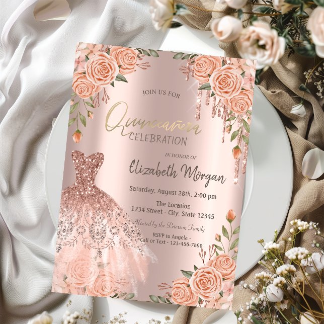Chic Roses Glitter Drips Dress Quinceañera Invitation (Creator Uploaded)