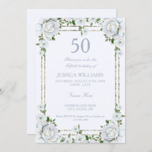 Chic Roses & Silver Border Floral 50th Birthday Invitation