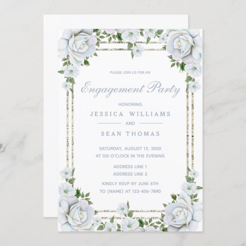 Chic Roses  Silver Border Floral Engagement Party Invitation