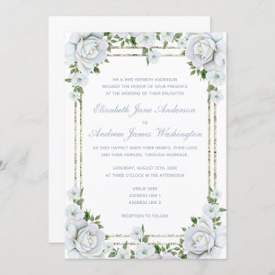 Chic Roses & Silver Border Floral Wedding Invitation