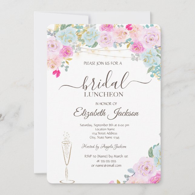 Chic Roses,Wine Glass,Lights Bridal Luncheon Invitation (Front)