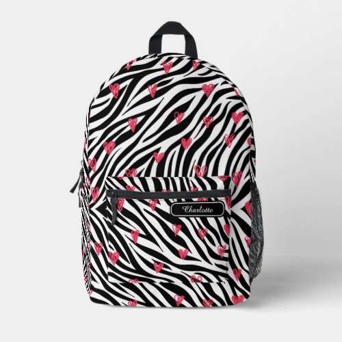 Chic Rouge Red Hearts Black and White Zebra Print Printed Backpack