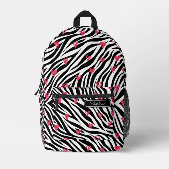 Chic Rouge Red Hearts Black and White Zebra Print Printed Backpack (Front)