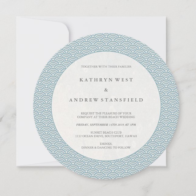 Chic Round Blue Waves Pattern Wedding Invitation (Front)