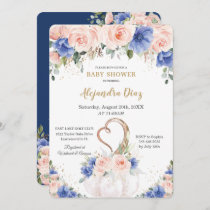 Chic Royal Blue Blush Floral Pumpkin Baby Shower Invitation