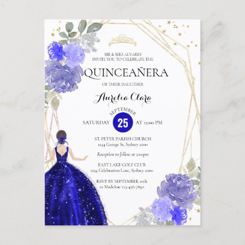 Chic Royal Blue Floral Geometric Quinceaera Invit Postcard