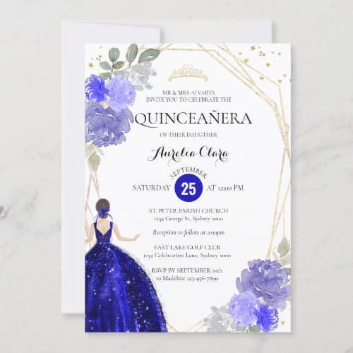 Chic Royal Blue Floral Geometric Quinceaera Invitation