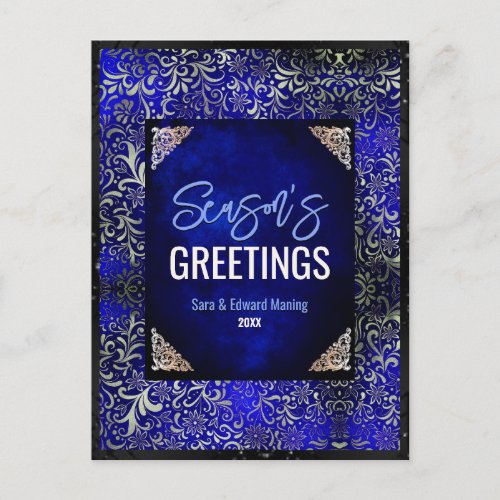Chic royal blue floral glitter Christmas new year  Postcard