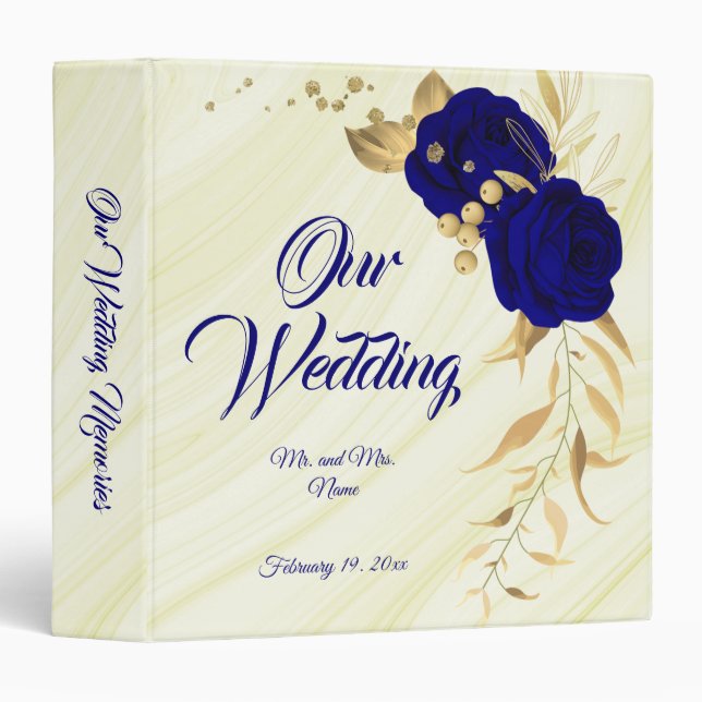 chic royal blue floral gold leaves photp album 3 ring binder (Front/Spine)