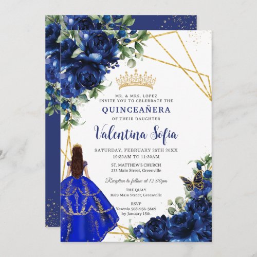 Chic Royal Blue Floral Princess Gold Quinceaera Invitation
