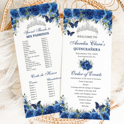 Chic Royal Blue Floral Quinceaera Order of Events Program