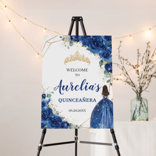 Chic Royal Blue Floral Roses Quinceaera Welcome   Foam Board