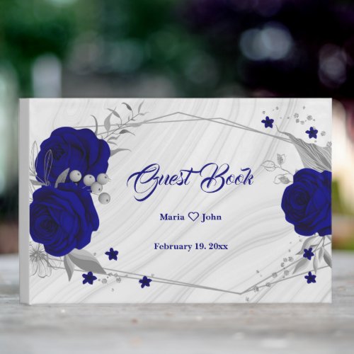 chic royal blue floral silver leaves geometric guest book