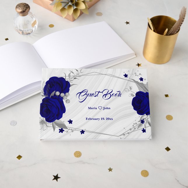 chic royal blue floral silver leaves geometric guest book (Front Open)