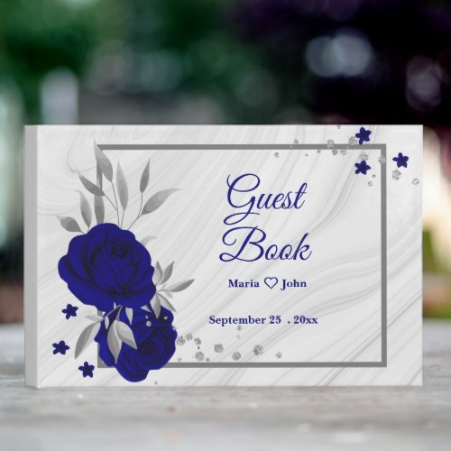 chic royal blue floral silver leaves geometric  guest book