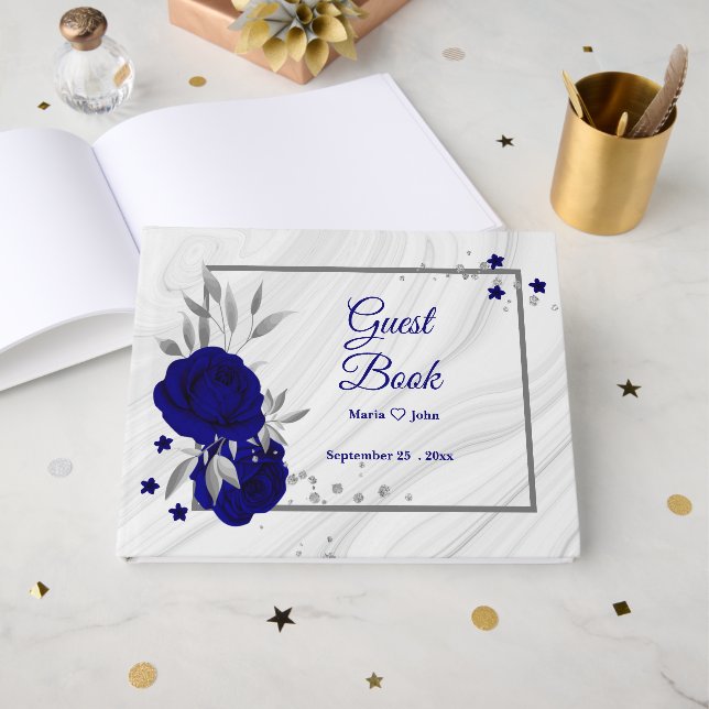 chic royal blue floral silver leaves geometric  guest book (Front Open)