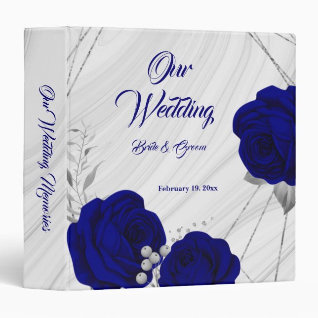 chic royal blue floral silver leaves marble album 3 ring binder (Front/Spine)