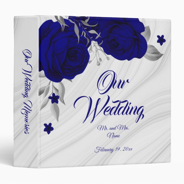 chic royal blue floral silver leaves marble album 3 ring binder (Front/Spine)