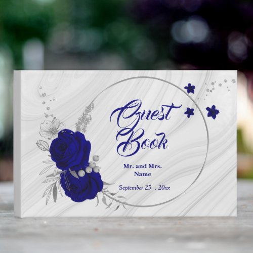 chic royal blue floral silver leaves wreath guest book