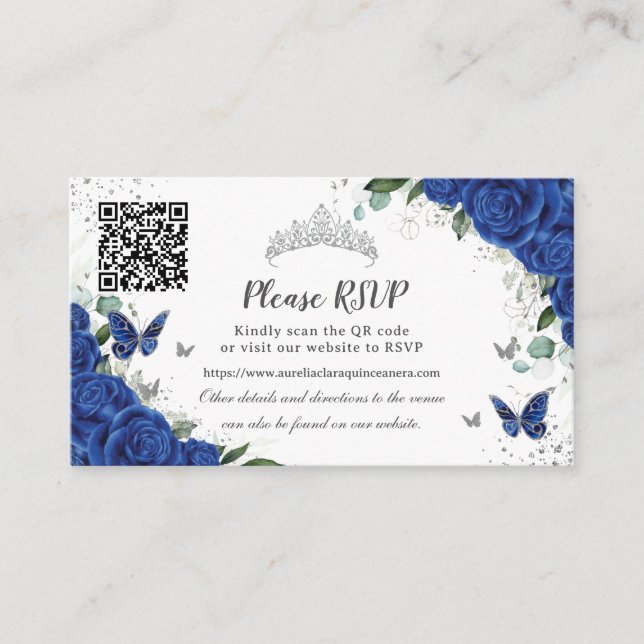 Chic Royal Blue Floral Silver Quinceañera QR Code Enclosure Card (Front)