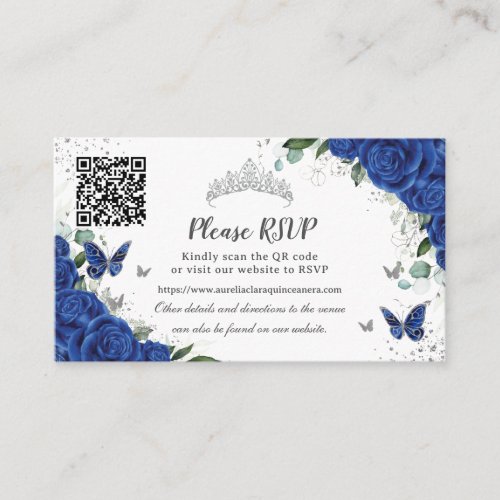 Chic Royal Blue Floral Silver Quinceaera QR Code Enclosure Card