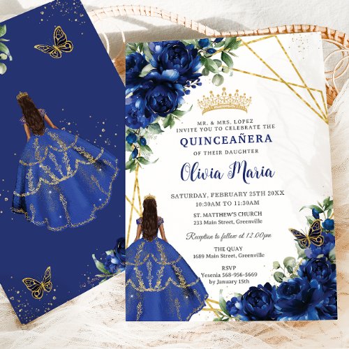 Chic Royal Blue Flowers Brown Princess Quinceaera Invitation