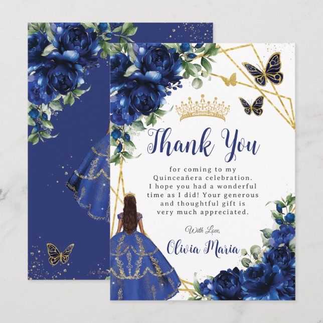 Chic Royal Blue Flowers Floral Quinceañera Thank You Card (Front/Back)