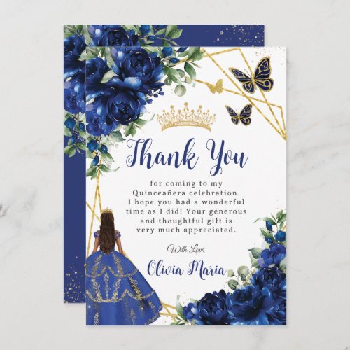 Chic Royal Blue Flowers Floral Quinceaera Thank You Card