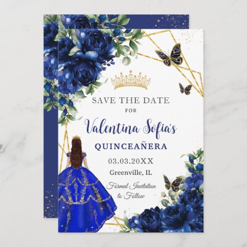 Chic Royal Blue Flowers Princess Gold Quinceaera  Save The Date