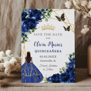 Chic Royal Blue Flowers Princess Quinceañera  Save The Date