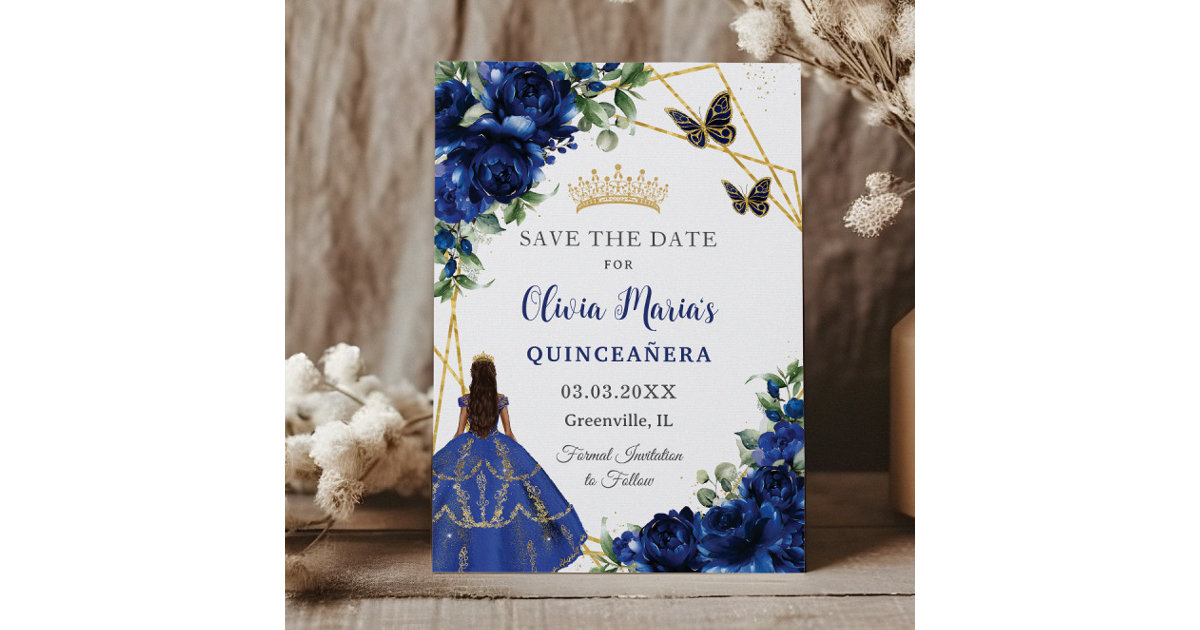 Chic Royal Blue Flowers Princess Quinceañera Save The Date Zazzle