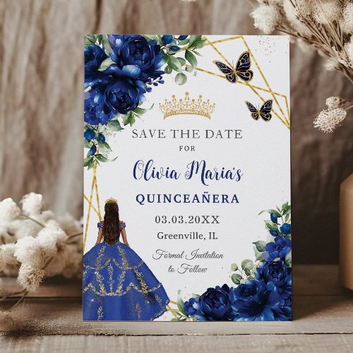 Chic Royal Blue Flowers Princess Quinceaera  Save The Date