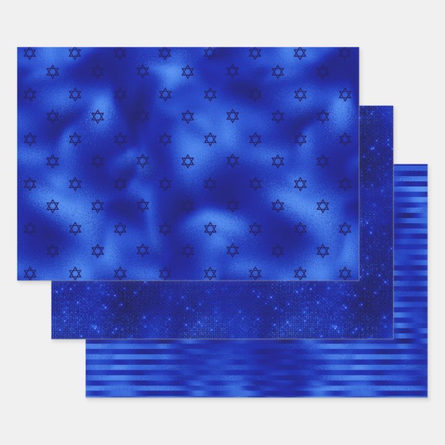 Chic Royal Blue Foil Hanukkah Wrapping Paper Sheet (Set)