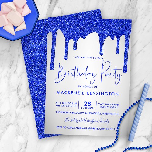 Chic Royal Blue Glitter Drips Silver Birthday Invitation