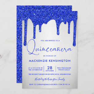 Chic Royal Blue Glitter Drips Silver Quinceañera Invitation
