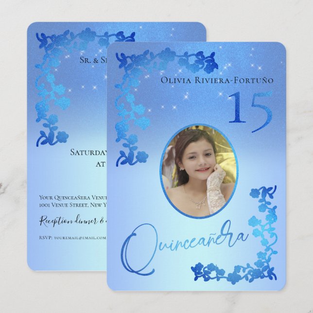 Chic Royal Blue Glitter Floral Photo Quinceanera Invitation (Front/Back)
