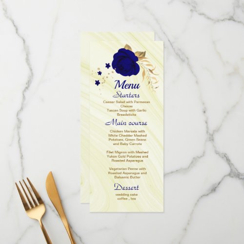 chic royal blue gold floral wedding  menu