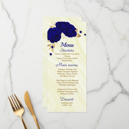 chic royal blue gold floral wedding  menu