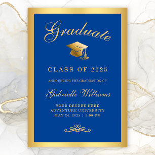 Chic Royal Blue Gold Frame Script Graduation Announcement