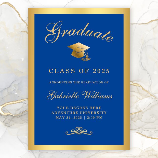 Chic Royal Blue Gold Frame Script Graduation Announcement (Chic Royal Blue Gold Border Typography Graduation Announcement)
