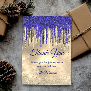 Chic royal blue gold glitter dripping thank you card