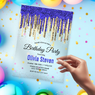 Chic royal blue gold glitter drips birthday acrylic invitations