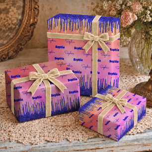 Chic Royal Blue Gold Glitter Drips Birthday Wrapping Paper Sheets