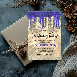 Chic royal blue gold glitter drips Christmas Invitation