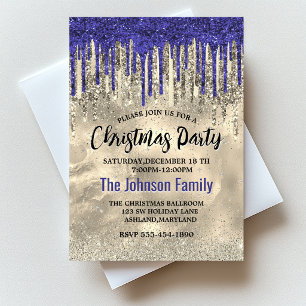 Chic royal blue gold glitter drips Christmas Invitation