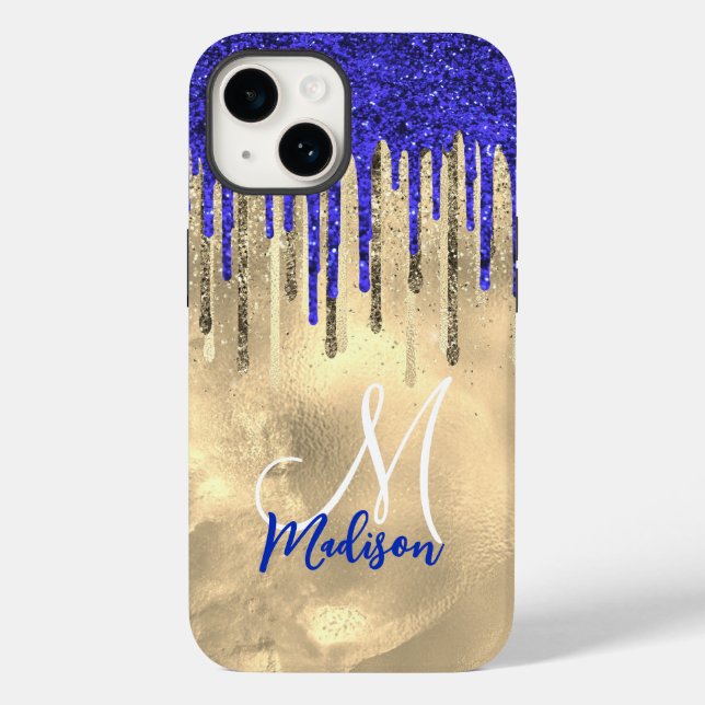 Chic royal blue gold glitter drips monogram Case-Mate iPhone case (Back)