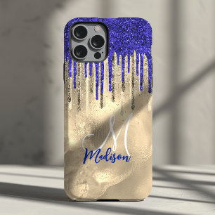 Chic royal blue gold glitter drips monogram Case-Mate iPhone 14 case
