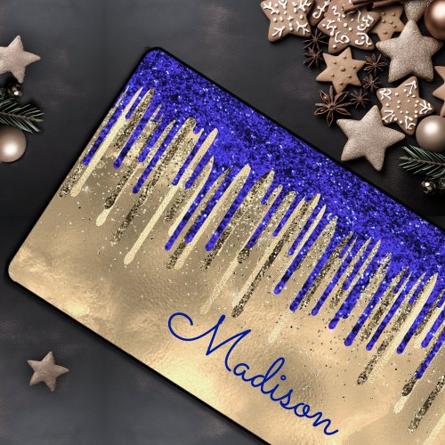 Chic royal blue gold glitter drips monogram desk mat